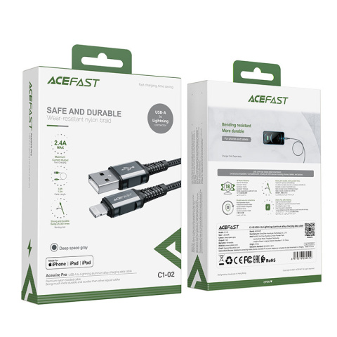 Acefast kabel MFI USB - Lightning 1,2m, 2,4A szary